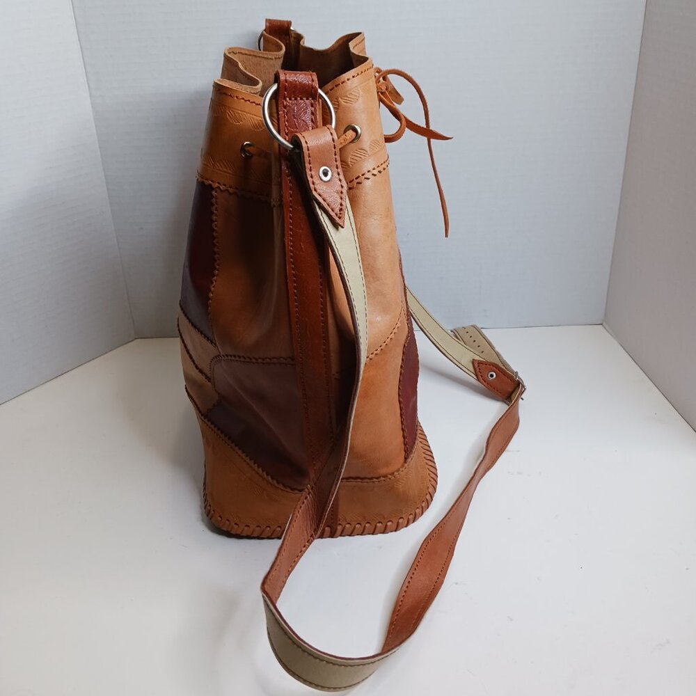 Vintage 80's Leather Patchwork Drawstring Bucket Shoulder Cross Body Bag - Picture 4 of 12